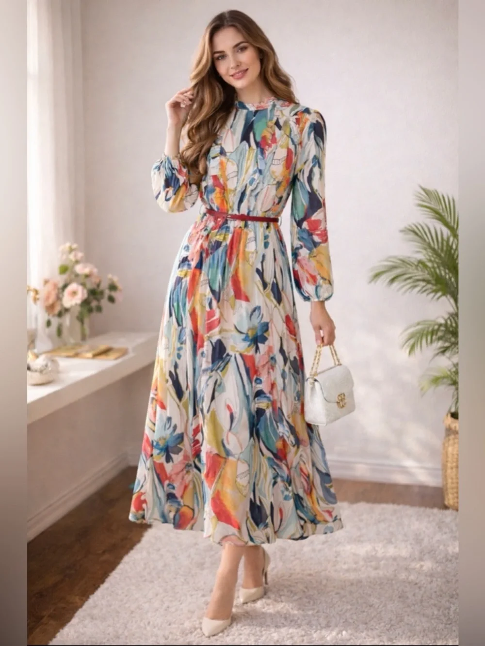 Elegant Floral Maxi Dress – Long Sleeve – Size Large – Chic & Flowing Style. - Picture 1 of 9